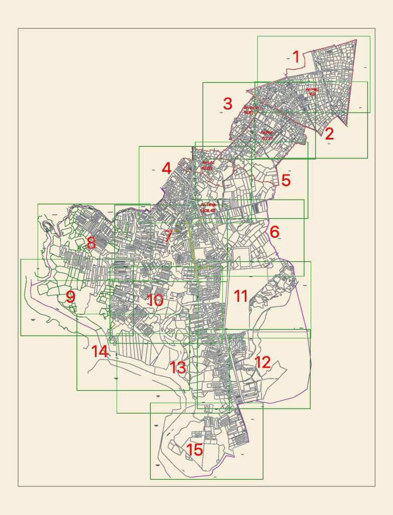 Cadastral survey map of Long Dien district featuring land parcel grids and 15 numbered layout sheets.