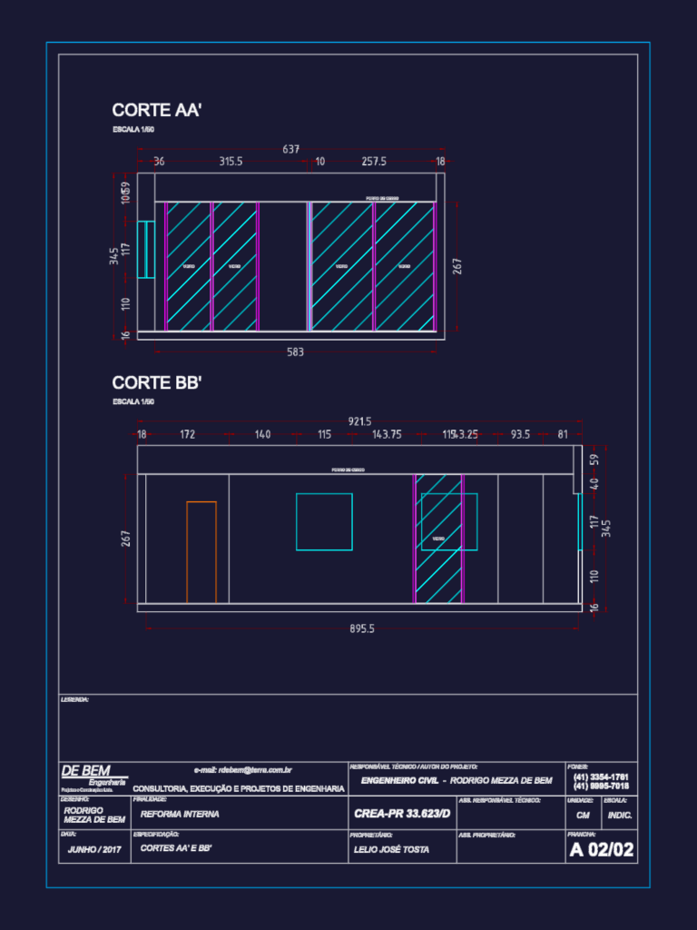 Architectural interior sections of a residential apartment showing glass partitions and wall dimensions.