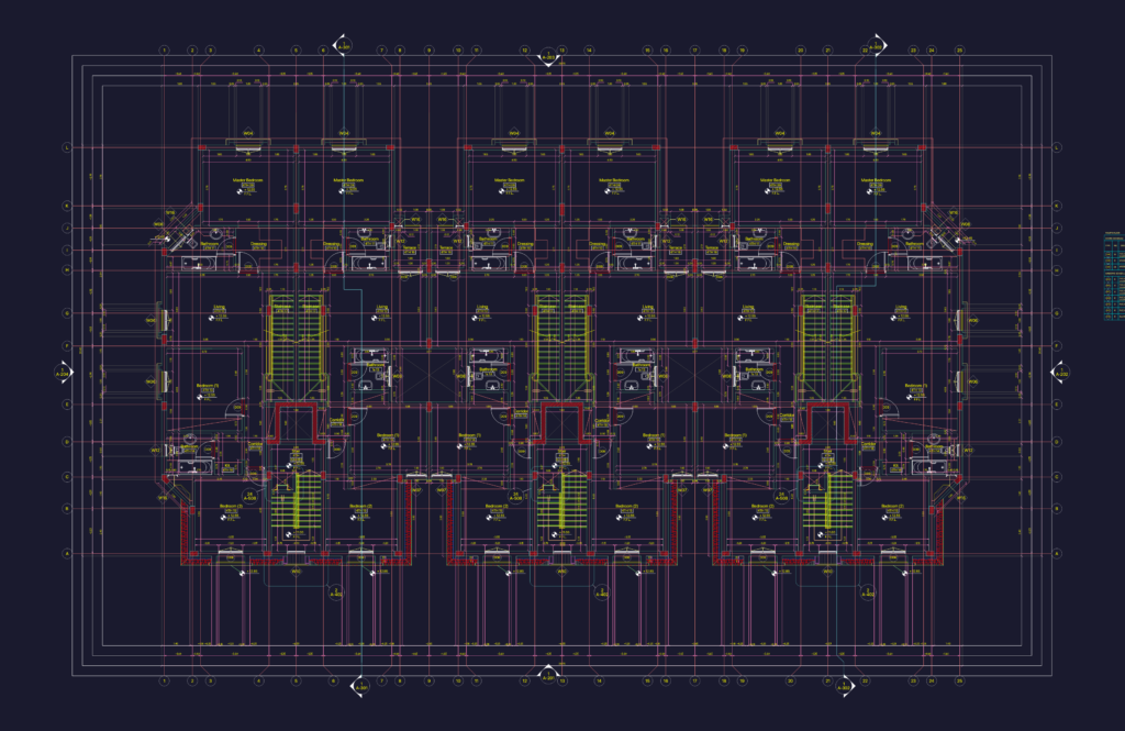 Architectural CAD drawing showing residential apartment floor plans with multiple units, bedrooms, and terraces.
