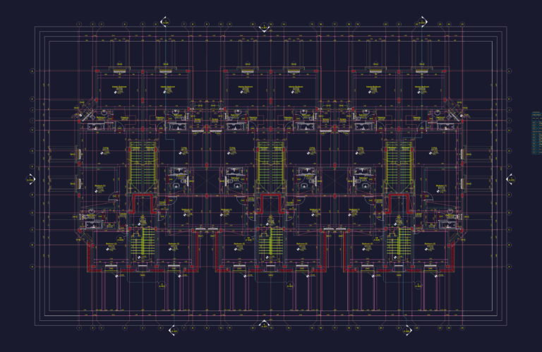 Architectural CAD drawing showing residential apartment floor plans with multiple units, bedrooms, and terraces.