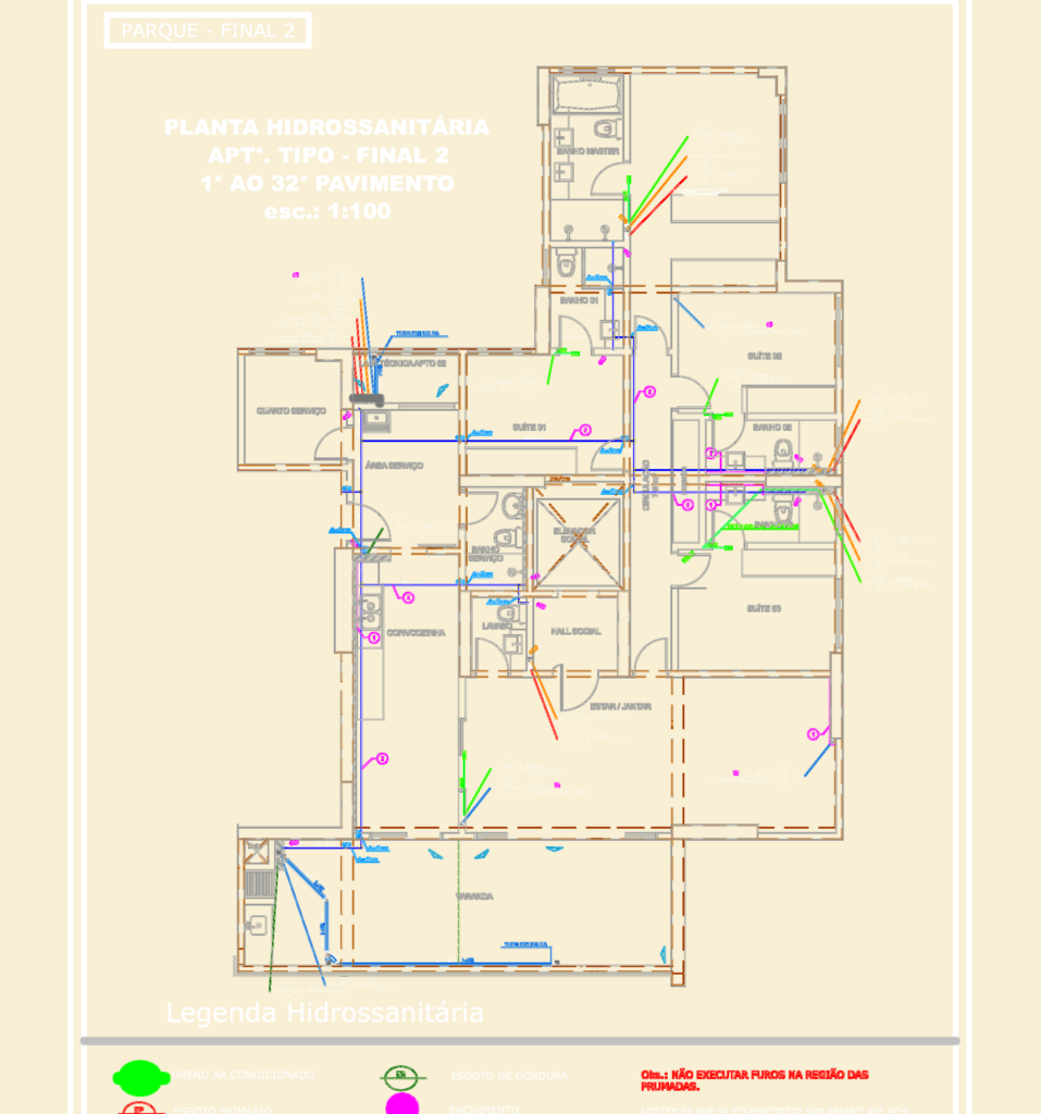 Typical residential apartment floor plan showing hydro-sanitary plumbing layout, HVAC drainage, and service areas.