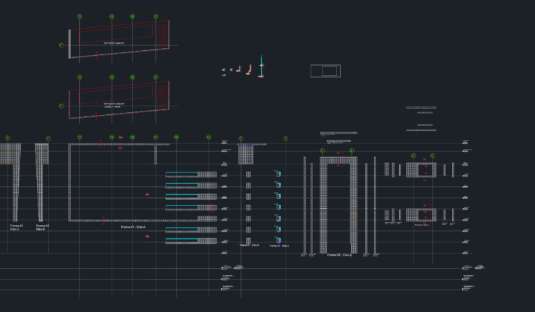 CAD elevations and construction sections for an 8-story building showing mechanical stone cladding fixation and steel runners