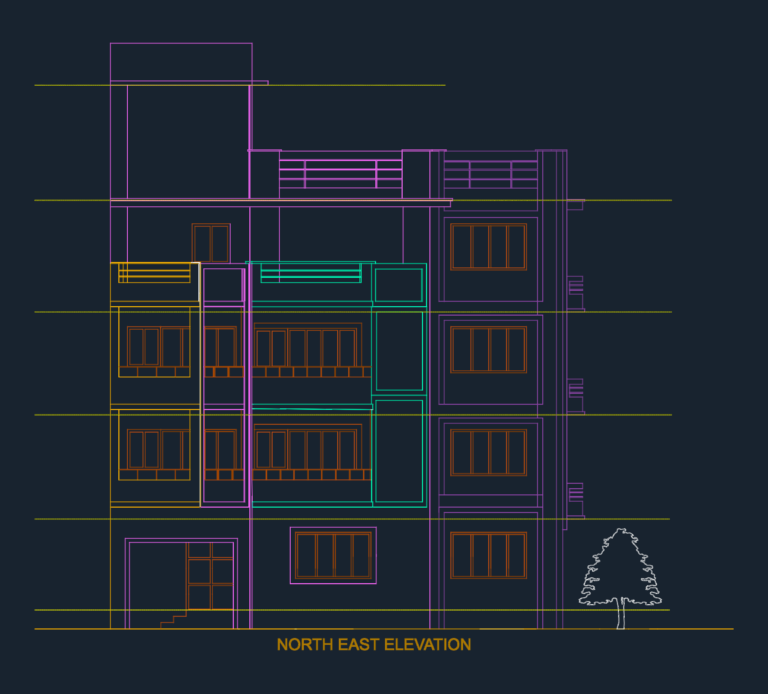 North East elevation CAD drawing of a four-story residential building with window details and roof terrace.