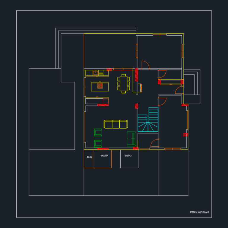Residential ground floor plan CAD drawing showing kitchen, living area, stairs, sauna, and storage rooms.