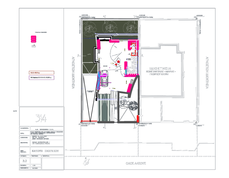 CAD site plan of a residential ground floor with pilotis parking, vehicle ramps, and landscaped garden area.