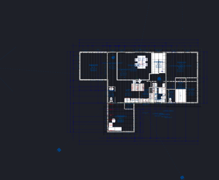 CAD floor plan of a house layout featuring a kitchen, media room, sunroom, office, and unfinished basement.