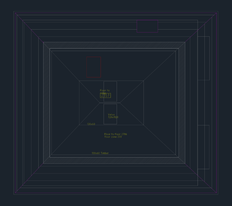 CAD roof plan from a residential survey showing window dimensions, floor-to-ridge heights, and timber annotations.
