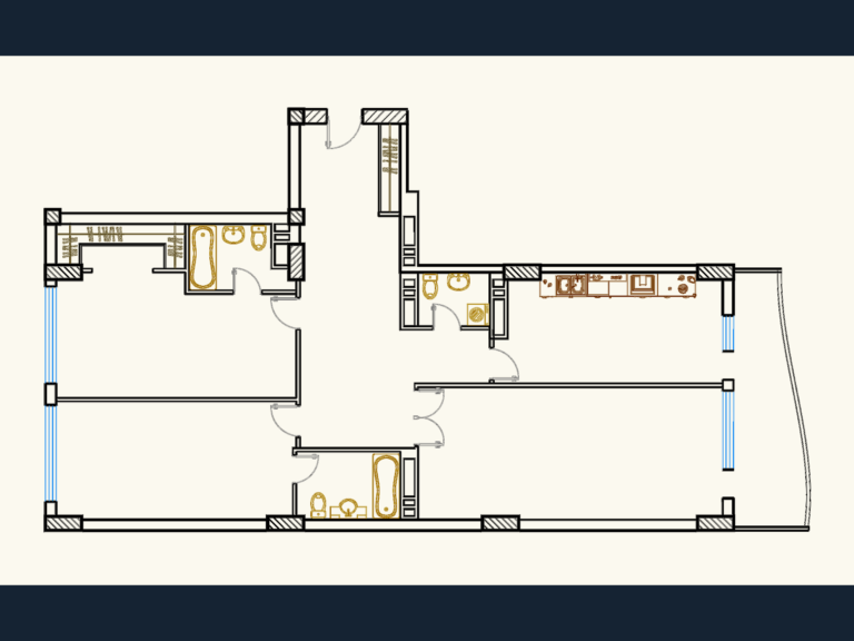 Architectural CAD floor plan for a one-bedroom apartment unit showing bathroom and kitchen fixture layouts.
