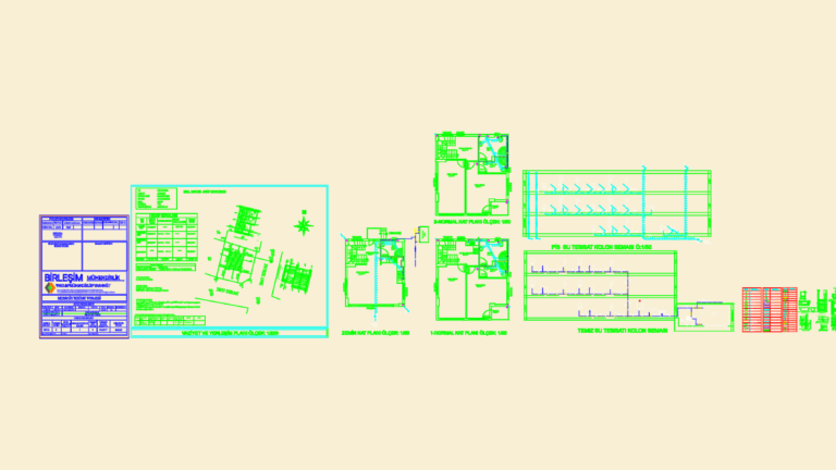 CAD drawings of residential plumbing and heating systems showing riser diagrams, floor plans, and site layout.