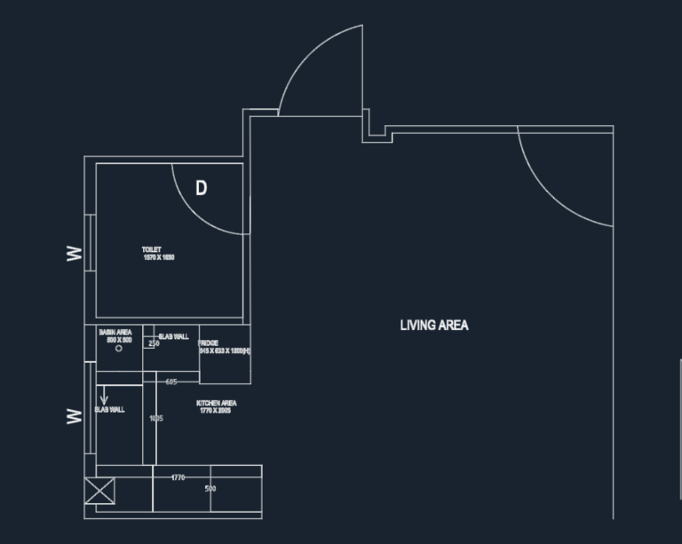 CAD floor plan of a studio apartment layout including kitchen, toilet, and living area with dimension callouts.