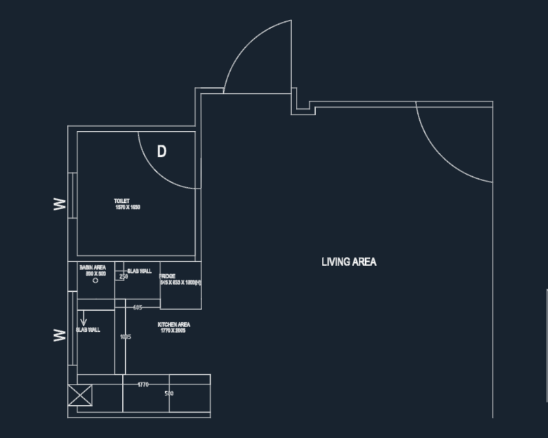 Residential Studio Layout with Integrated Kitchen and Toilet