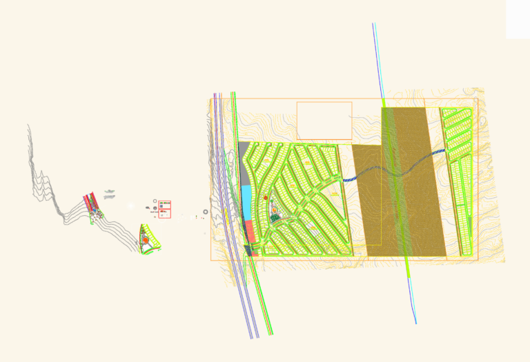 CAD master plan of a residential subdivision with lot layouts, contour lines, gas pipeline, and amenity pool sections.