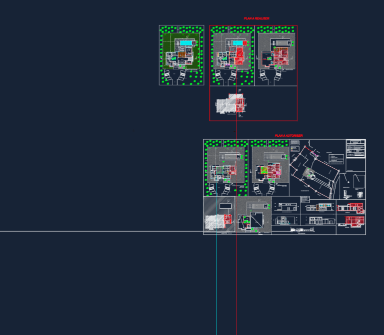 Architectural CAD layout showing floor plans, sections, and elevations for a villa modification and extension project.