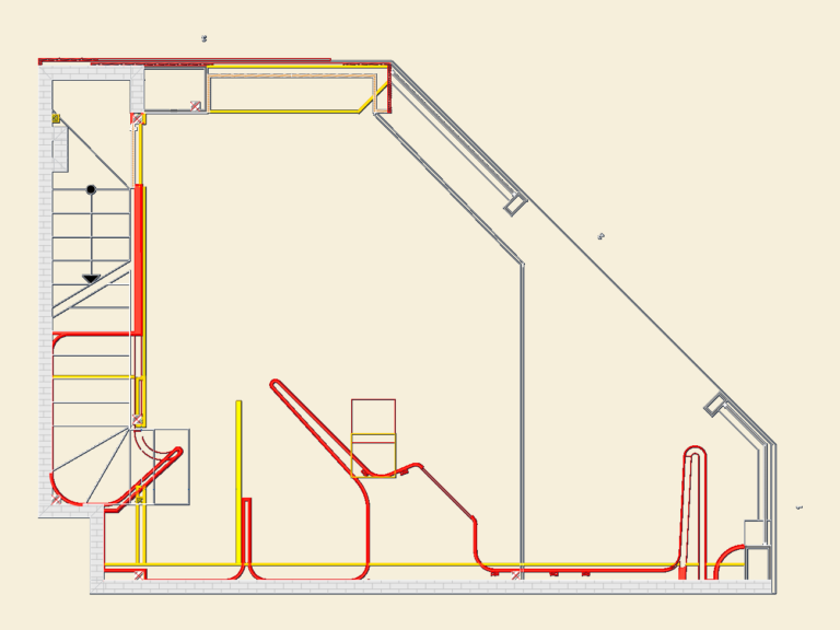 2D CAD floor plan of a 40sqm retail shop renovation with demolition and construction layers in red and yellow.