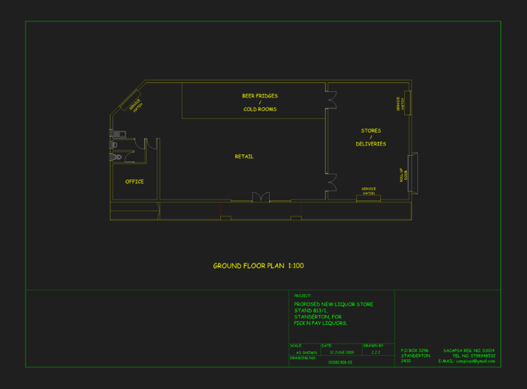 2D CAD floor plan showing retail area, cold rooms, and delivery section for a liquor store layout.