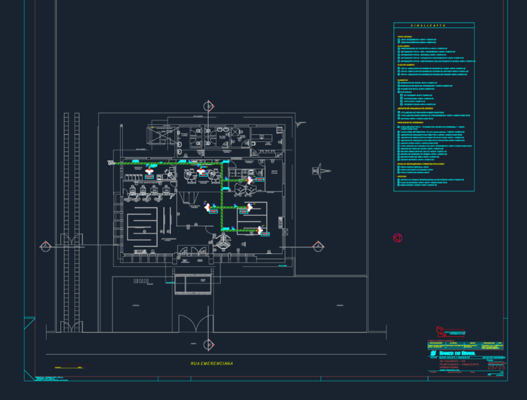 CAD floor plan of a Banco do Brasil branch renovation showing HVAC ducts, office furniture, and signage details.