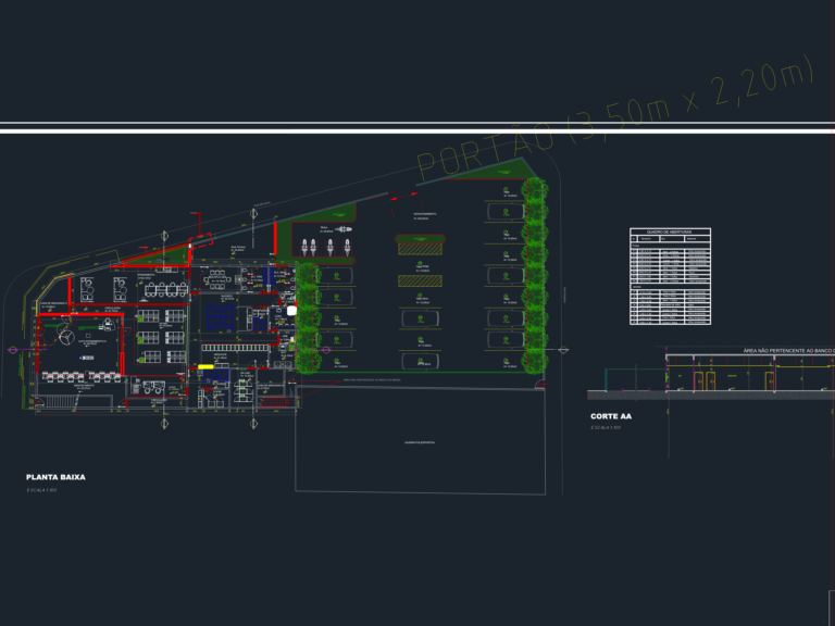 Architectural floor plan and section of a retail bank branch with ATM zone and surface parking lot.