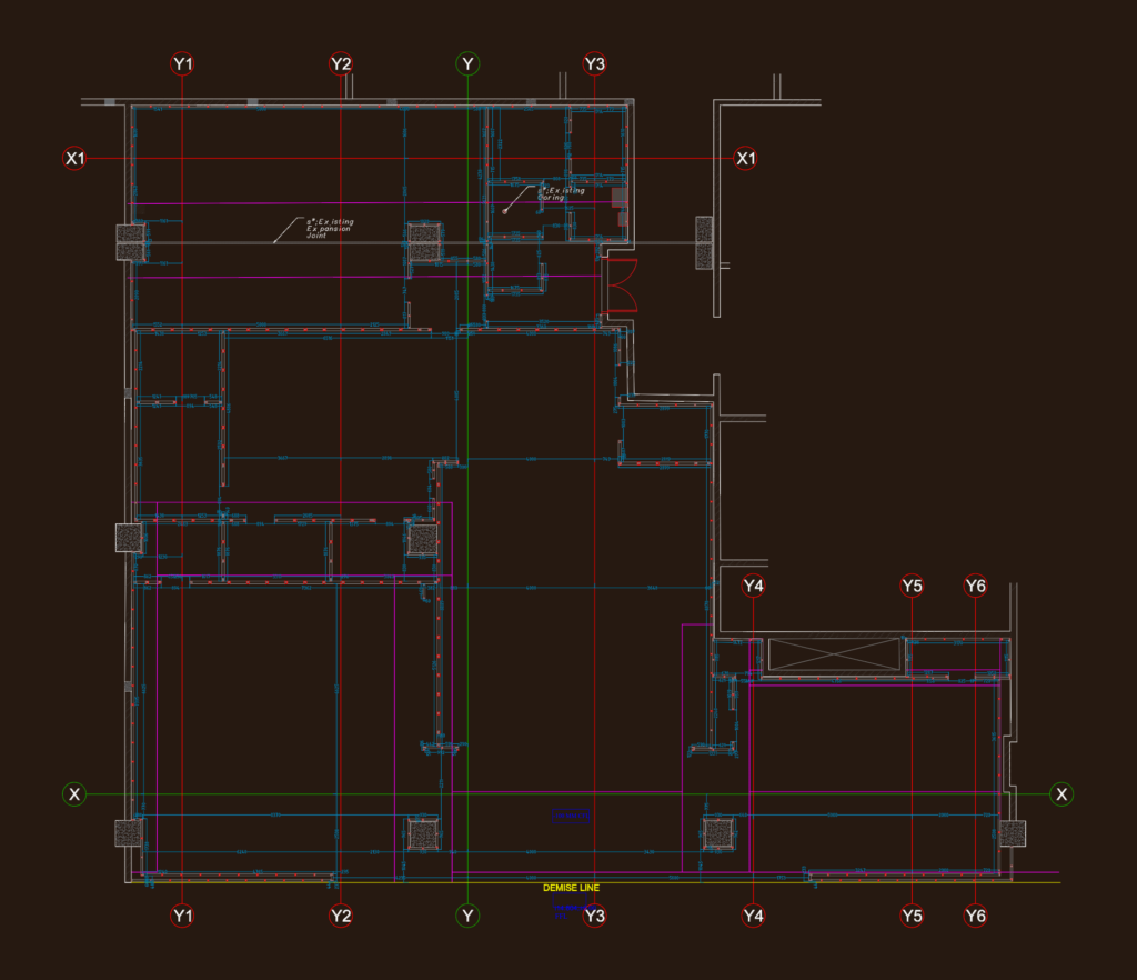 CAD floor plan showing structural grid coordinates, partition layouts, and demise line for a Balenciaga retail store.