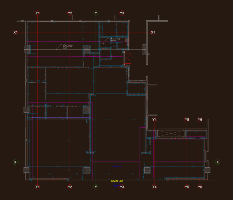 CAD floor plan showing structural grid coordinates, partition layouts, and demise line for a Balenciaga retail store.