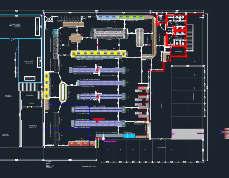 Detailed supermarket floor plan CAD drawing showing grocery shelving specifications, cold storage, and bakery sections.