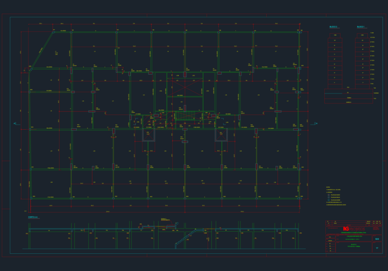 Structural formwork plan for G2 level residential block including cross-section with beams, columns, and slabs.