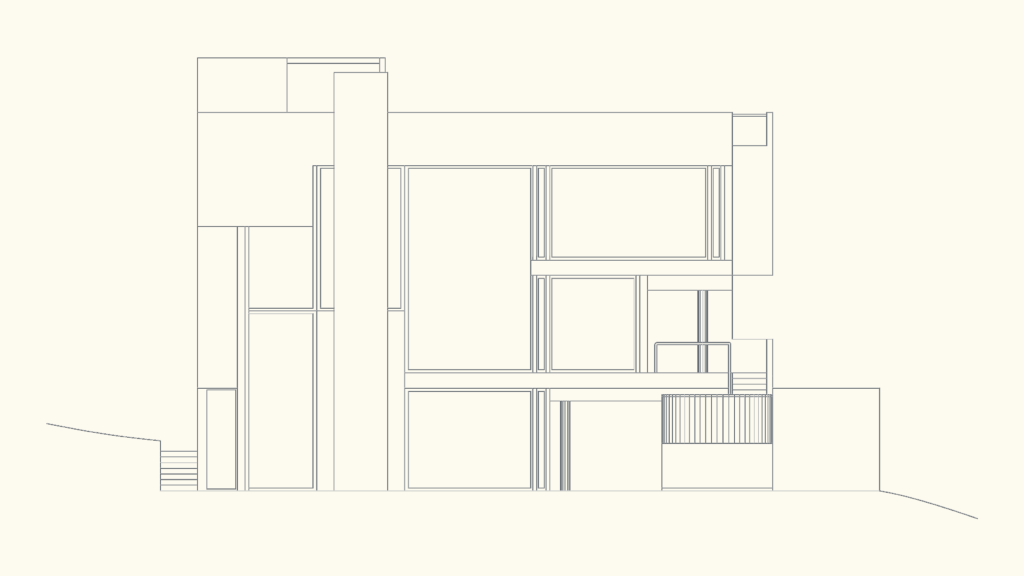 CAD south elevation drawing of Richard Meier's Smith House showing structural framing and glazing.