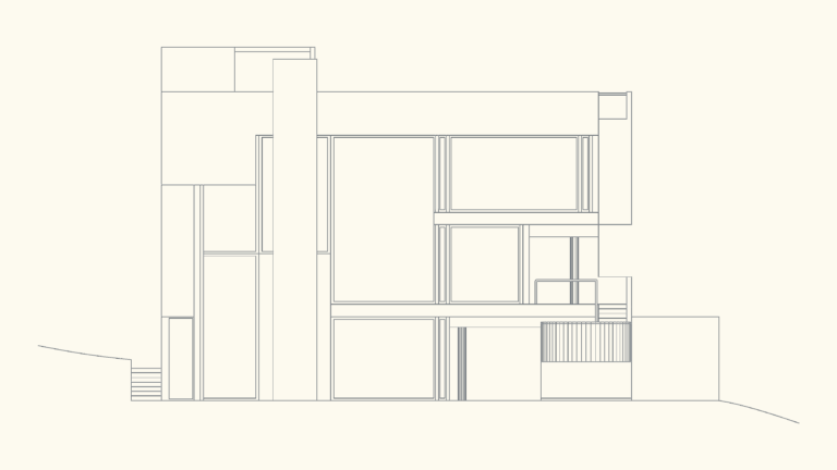 CAD south elevation drawing of Richard Meier's Smith House showing structural framing and glazing.