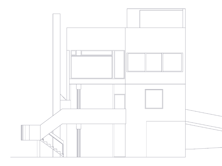 2D CAD line drawing of the east elevation for Richard Meier's Smith House, showing the facade and external stairs.
