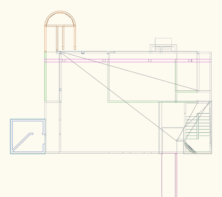 Wireframe plan view of the 3D CAD geometry for Richard Meier's Smith House showing layered architectural elements.