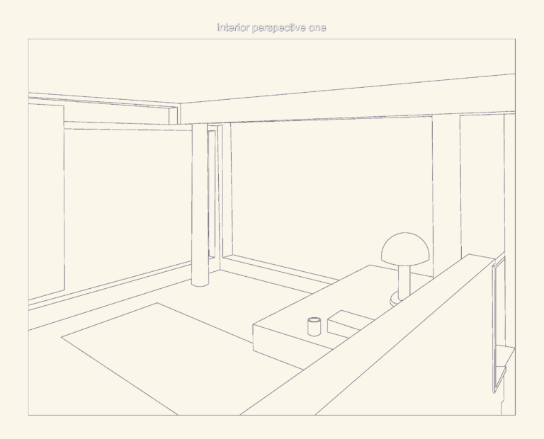 CAD interior perspective of the Smith House living room showing structural columns, glass walls, and minimalist furniture.
