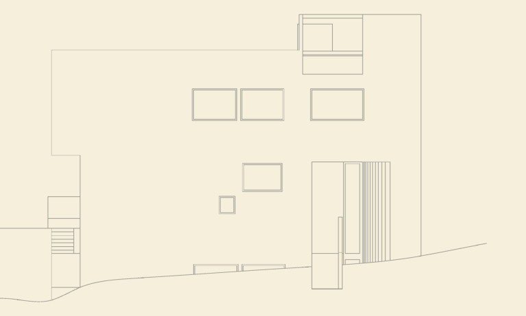 CAD line drawing of the north facade elevation of Richard Meier's Smith House with window placements and exterior stairs.