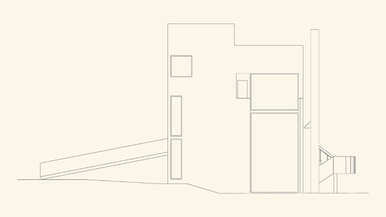 2D CAD line work of the Smith House west elevation showing the external ramp and modernist geometric facade.