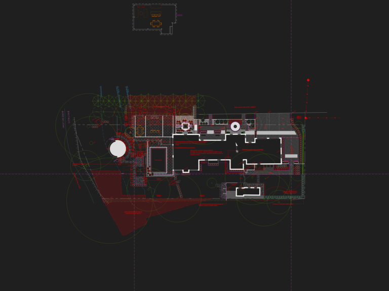 CAD site plan for residential landscaping featuring a swimming pool, stone patios, and garden planting layout.
