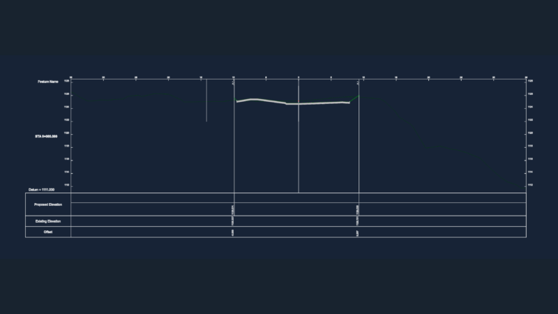 Road design cross section with proposed and existing elevations