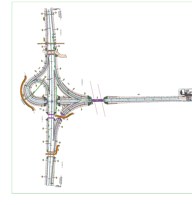 Geometric layout drawing of a highway trumpet interchange including ramp alignments, stationing, and drainage system.
