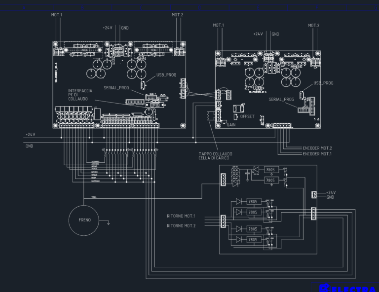 Electrical schematic for Robopac S6 test bench showing motor, encoder, and load cell wiring with PCB interface layouts.