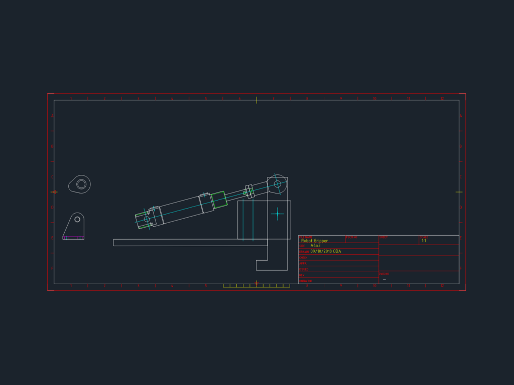 2D side elevation CAD drawing of a robotic gripper mechanism with actuator linkage and cylinder mount on an A4x3 frame.