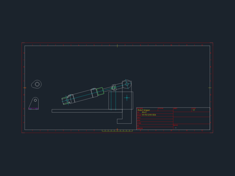 2D side elevation CAD drawing of a robotic gripper mechanism with actuator linkage and cylinder mount on an A4x3 frame.