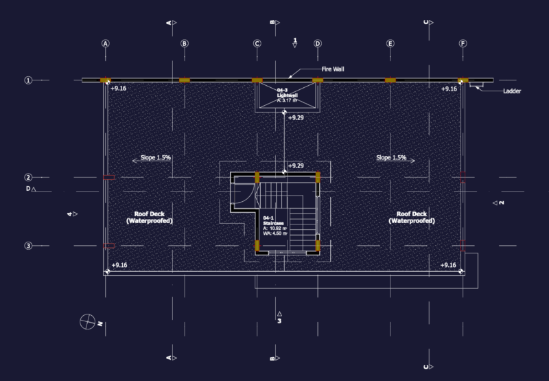Roof deck floor plan with drainage slope and access details
