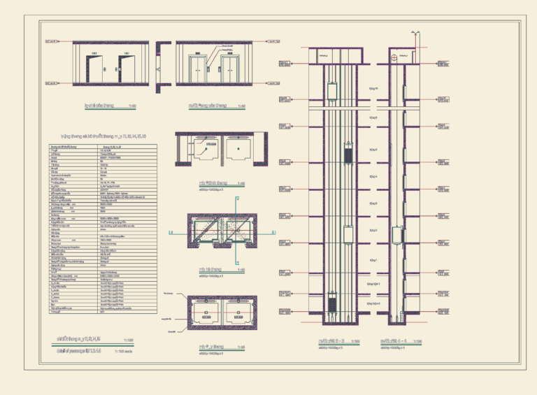 Passenger lift CAD drawing showing shaft sections, car floor plans, entrance elevations, and technical specs.