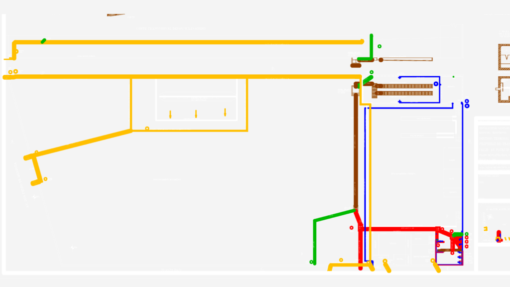 Colored sanitary and drainage layout for a transport terminal with pipe networks, interceptors, and tank details.