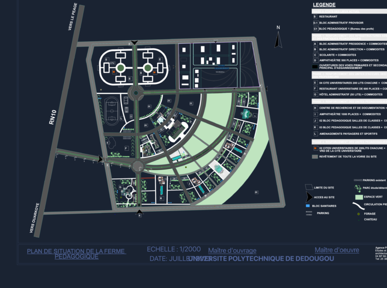 CAD master plan of the University of Dédougou pedagogical farm showing buildings, sports fields, and infrastructure.