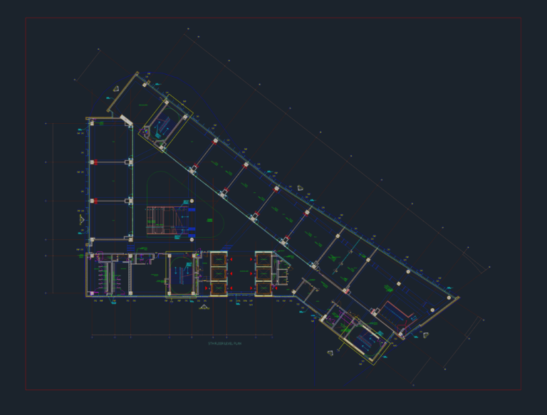 Technical 2D CAD drawing of a 5th floor walling layout including staircases, elevators, and room partitions.