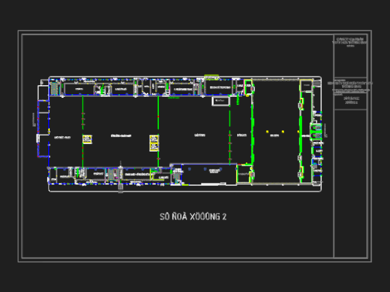 CAD floor plan of a seafood processing workshop showing equipment layout, drainage channels, and water supply points.