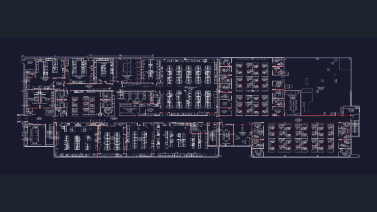 Detailed CAD floor plan of a life sciences laboratory with workstations, R&D offices, and molecular biology suites.