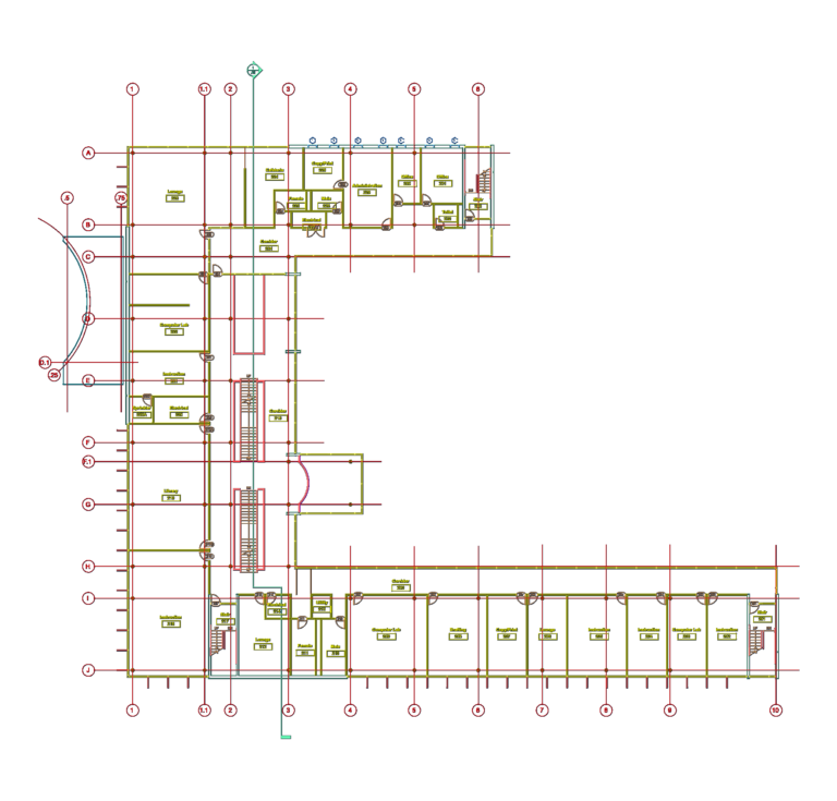 2D L-shaped school floor plan CAD drawing featuring classroom layouts, office wings, and structural grid lines.