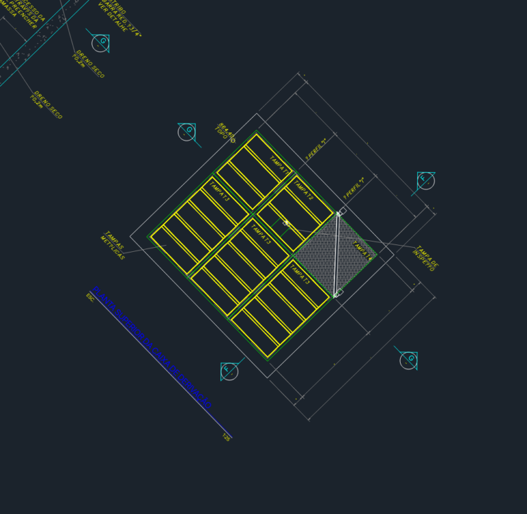 CAD plan view of an underground derivation box featuring metal covers, inspection hatches, and structural dimension lines.