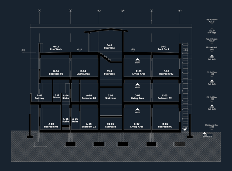 Architectural section of a multi-story residential building showing floor levels, staircase, bedrooms, and roof ridge.