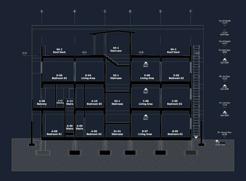 Section D-D for Residential Apartment Block with +12.57m Firewall