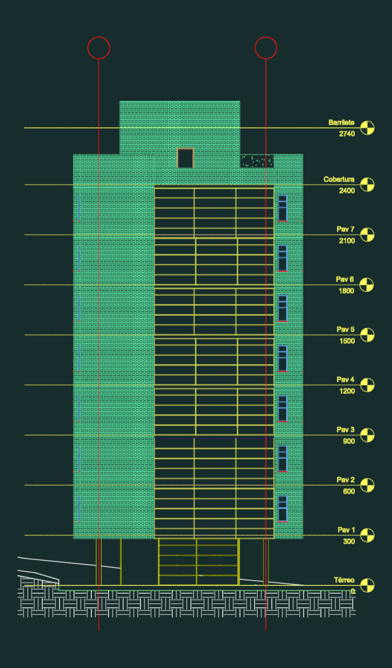 CAD west elevation of a multi-story residential building with brick facade hatch and numbered floor level markers.